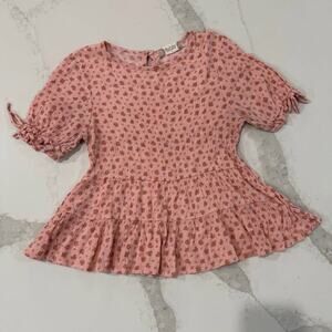 Altar’d State Floral Smocked Peplum Short Sleeve Top Women's Small Pink Cottage